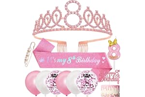 SWPEED 8th Birthday Decorations, 8th Birthday Sash and Tiara for Girls,Pink Rhinestone Crown Tiara Glitter Sash,8 Year Old Balloons Candles Cake Topper Happy Party Decorations Girls Gifts
