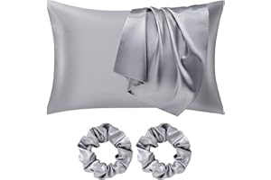 Seiwohl Satin Pillowcase for Hair and Skin Grey Satin Pillow Cases 2 Pack with Satin Hair Scrunchies for women Soft as Silk Pillowcase Cooling Pillow cases with Envelope Closure Standard Size 50x75 cm