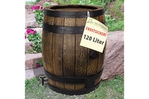 AMUR Regentonne Eichenfass 120 Liter REGENFASS FROSTSICHERES Regenfass mit Deckel und Wasserhahn, schöner Fast unverwüstlicher Regenspeicher Braun