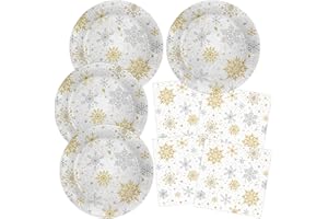 HNH Assiettes de Noël, Flocon de neige Lot de 40 Serviettes en papier de table Vaisselle de fête jetables pour Noël