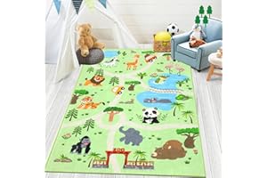 Enyhom Cute Fluffy Play Rugs for Floor 100 x 150 cm，Animals Learning Nursery Carpet Rugs Funny Zoo Road Kids Rug Colourful Educational Rug for Playroom Classroom Bedroom,Green