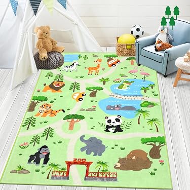 Tapis Chambre Enfant Motif Animaux - 60x90cm, Doux, Antidérapant, Lavable (Vert)