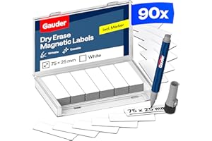 GAUDER Magnetic Labels Writable - Reusable Magnetic Tags for Whiteboard, Blackboard, Kanban Board and Fridge - Magnet Cards with Marker (90 Pieces - 75 x 25 mm)