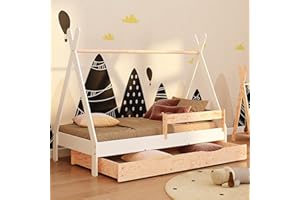 smartwood Cama Casita 70x140 - Cama Infantil con Cajón Tipi D Blanco de Madera de Pino FSC con Barandilla Anti-caídas y Somier de Lamas hasta 230 kg - para Niño y Niña - Montaje Fácil