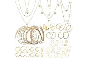 MOTIBACK 46Pcs Gold Jewellery Sets for Women, 6 Necklaces 12 Earrings 6 Bracelets 22 Rings, Fashion Accessories Layered Jewelry Set for Christmas Birthday Anniversary Daily Prom