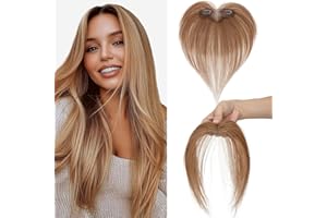 S-noilite Topper Capelli Umani per Donne, 9g Capelli Veri Frangetta Laterale, Frangia a S Fermaglio per Capello, 360° Capello Umani Toppers con 5x12.5CM Base per Diradati, Castano Chiaro #6
