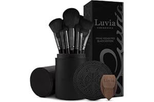 LUVIA COSMETICS Zestaw pędzli do makijażu Luvia, Prime Vegan Pro - Black, 12 pędzli do makijażu, w tym pojemnik na pędzle, gąbka do blendowania i mata do czyszczenia pędzli kosmetycznych, w kolorze czarnym