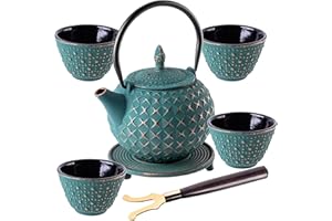 KADAX Teiera giapponese 0,7 L con 4 tazze da tè per tè sfuso, servizio da tè giapponese in ghisa, teiera in ghisa con colino da tè, coperchio, manico e sottobicchiere (verde)