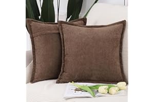 Madizz Fringe Chenille Cushion Covers Set of 2 Super Soft Boho Throw Pillow Covers Decorative Plain Throw Pillowcases Modern Home Decor for Sofa Bedroom Brown 18x18 inch, 45x45 cm