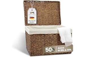 Casa Mina® Wäschetruhe mit Deckel 50 x 28 x 36cm hoch I Atmungsaktive Wäschetruhe geflochten aus 100% Naturfaser I Robuster Wäschesammler mit Griffen & waschbarem Innensack I Wäschetruhe - Bali