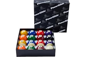 PowerGlide Ensemble de Piscine à 16 balles | Tournoi | Pois et Rayures ou Rouge et Jaune Plus Boules Noires et Blanches | Tailles – 4,8 cm, 5,1 cm ou 6,3 cm | Boîte