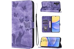 LSPCASA Phone Case For Samsung Galaxy A15 Premium PU Leather Material Samsung Galaxy A15 Case With Card Slots Cat Butterfly Pattern Samsung Galaxy A15 Cover Purple