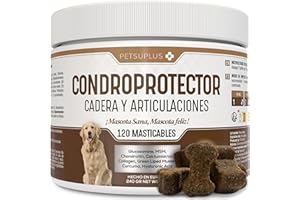 PETSUPLUS Condroprotector Perros - Glucosamina, MSM, Condroitina, Colageno, Acido Hialuronico - Fortalece los cartilagos y Protege Las articulaciones - Antiinflamatorios Naturales - 120 masticables