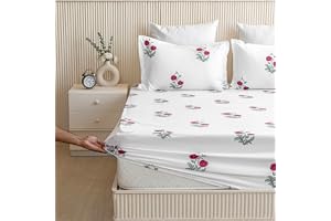 HOMEMONDE 100% Cotton Fitted Bed Sheet for King Size Bed, Floral Printed All Around Elastic Bedsheet (78 x 72 Inches) with 2 Pillow Cover Perfect for Home Decor & Gifting