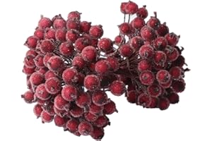 KKSTY 200 Pcs/100 Wired Berries Stems Artificial Frosted Berries Christmas Holly Berries Mini Fruits for Xmas Tree Decoration Wreath Garland Making Supplies… (Wine Red)