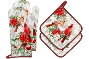 Arquiel Świąteczne rękawice kuchenne i łapki do garnków, zestaw 4 sztuk, 100% bawełna, rękawice kuchenne, czerwone ptaki, odporne na wysokie temperatury, do gotowania, pieczenia, grillowania, prezent