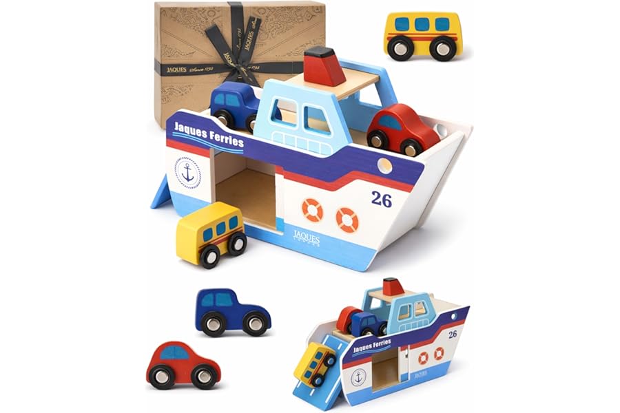 Jaques of London Wooden Toy Boat | Freya the Ferry Boat with 3 Wooden Cars | Wooden Vehicle Toys for 1 Year Old and Toddlers | Ship Toy for Pretend Play | Since 1795