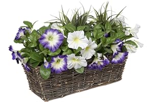 GREENBROKERS Artificial Rattan Window Box with Purple & White Petunias & Green Grasses & Foliage