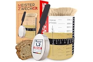 MEISTERZWECK4U Sauerteig Starter Set zum Brot backen - 1100ml Gärglas mit Thermometer, Fütterungsband, Schaber, Stoffabdeckung & Aluminium-Deckel - Sauerteig Glas Behälter - Zubehör für Brot backen