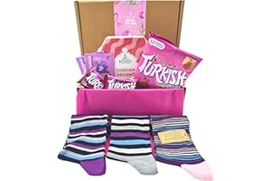 INSIDE THE BOX GIFTS Turkish Delight Gift Box Hamper - Gift Set Turkish Delight Rose and Lemon and Chocolate with 3 Pairs of Luxury Women's Bamboo Socks (Christmas)