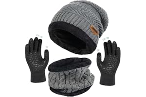 XILEPINGAN Ensemble Bonnet Écharpe Gants Femme et Homme, Tricotés Ensemble d'hiver Bonnet écharpe Gants d'écran Tactile Homme Femme, avec Doublure Polaire
