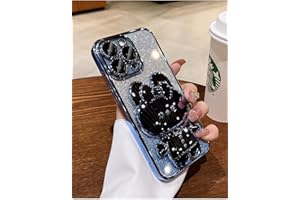 BSLVWG Kompatibel für iPhone 15 Pro Max Fall Nett,Gradient Glitter Bling Abdeckung mit Kaninchenspiegel, Anti-Kratzer Soft TPU Slim Fit Stoßfeste Schutzhüllen mit Ständer für Frauen Mädchen (Blau)