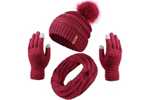 ANECO Womens Winter Warm Sets Knitted Fur Pompoms Beanie Hat Circle Loop Scarf Touch Screen Gloves Winter Favor Accessories