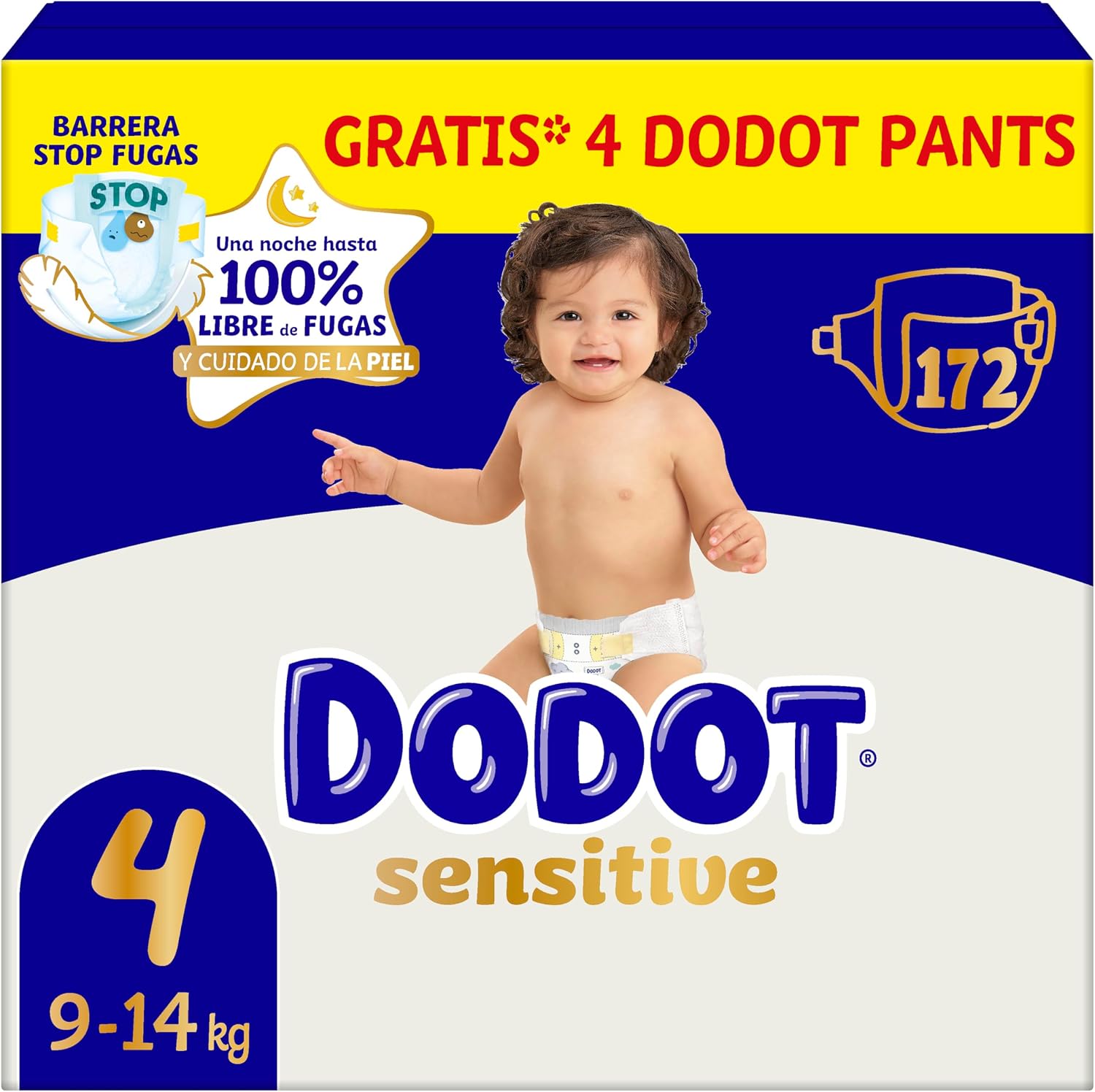 Dodot Pañales Bebé Sensitive, Talla 4 (9-14 kg), 172 Pañales + 4 Pants de Regalo, Hasta 12 h De Protección Antifugas y Cuidado de la Piel, Pack Mensual