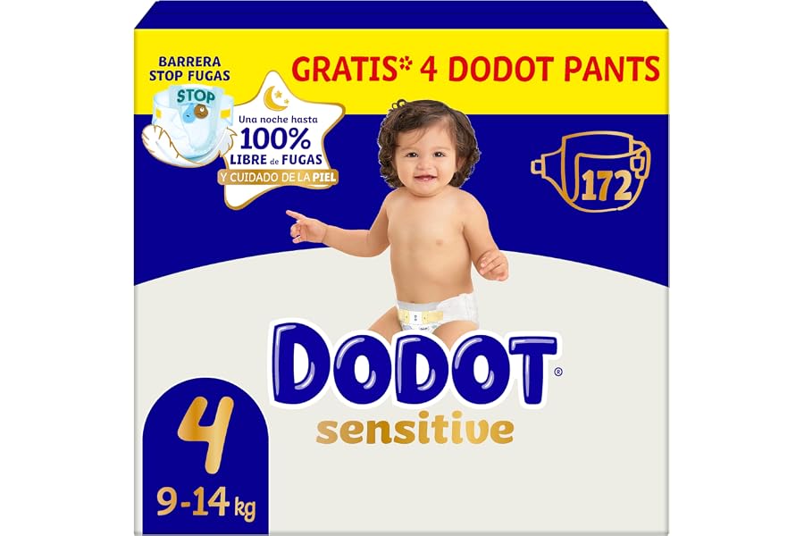 Dodot Pañales Bebé Sensitive Talla 4, 172 Pañales, 9kg - 14kg, Óptima Protección de la Piel de Dodot