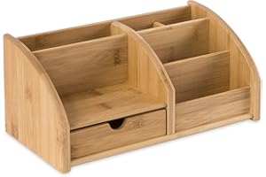 Osco Bamboo 6-Compartments & 1 Drawer Desk Organiser, Wooden Pen & Stationery Holder, Makeup & Cosmetics Sorter, Office Desktop Storage, Slim Desk Tidy, No Assembly Required