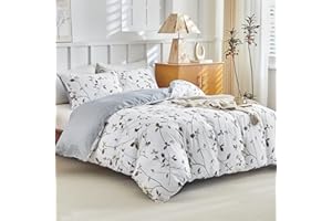 Tokokimo Set Copripiumino Matrimoniale 240x220cm, Copripiumino Matrimoniale 3 Pezzi in Microfibra Con Motivo a Ramoscelli e Foglie, Comprendente 1 Copripiumino 240x220 + 2 Federe 50x80, Bianco/Grigio