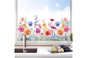 Tanlaby Garden Flower Window Clings Spring Summer Wildflower Grass Decals Colorful Florals Stickers Double Sided Anti-Collision Static Clings for Home Glass Doors