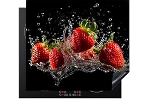 KitchenYeah© Protection Plaque Induction 59x51 cm Protege Decoration Cuisine Cache Protège De Cuisson Accessoire Fraise - Fruit - Rouge - Eau - Noir
