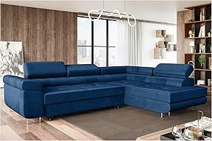 ‎MEBLINI MEBLINI Schlafcouch mit Bettkasten - Ecksofa mit Schlaffunktion - Sofa mit Relaxfunktion und Kopfstützen - Couch L-Form - Eckcouch - Wohnlandschaft - MALIBA - 277x203x63cm Rechts - Blau Samt