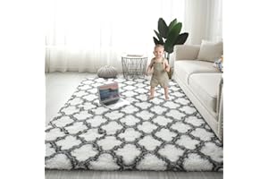 Gsogcax Rugs Living Room 5'x7' Super Soft Fluffy Area Rugs for Bedroom Shaggy Anti-Skid Comfortable Large Rugs Indoor Modern Home Decor Floor Carpet - White&grey 160x200