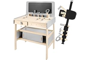 mamabrum Banco de Trabajo de Madera para Niños de 3 Años, Taller con Cinturón de Herramientas - Juego de Herramientas para Niños con 50 Piezas - Caja de Herramientas con Pizarra