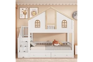 Ymkua Letto a Castello 90x200 cm, Letto per Bambini con Scala Contenitore e 2 cassetti, letti a Soppalco con Tetto e Finestra, letti con Rete a Doghe e Protezione Anticaduta, Naturale, Senza Materasso