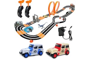 RELSY Jurassic World Electric Race Car Track Set With Loops, Includes 2 x Slot Car, Dinosaur Figure & Accessories, Jurassic Park Kids Toys - 5.9M / 19.3FT Racetrack For Kids, UK 3-PIN Plug Included 841006JW