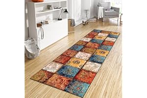 ‎WTHYGB WTHYGB Teppich Läufer Flur Küche 100x250 cm, Vintage rutschfest Waschbar Dauerhaft Küchenläufer Flurläufer, Lang Polyester Orange Muster Teppichläufer für Korridor, Schlafzimmer, Innen Wohnzimmer