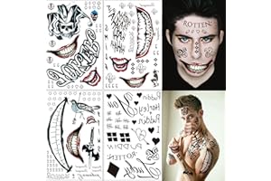 FLYFTREY 4 Feuilles Halloween Tatouages Temporaires, Grandes Squad Suicide Tattoo temporaire Joker Harley Arc de Tatouage Quinn Femme Homme Autocollant Carnaval Halloween Cosplay Costume Maquillage Props