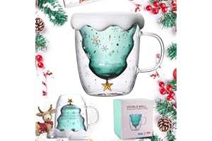 XiXiRan Tazza Vetro di Natale, Tazza da Caffè di Natale, Tazza Albero di Natale, Tazza da Tè, Tazza da Latte, Tazzine da Caffè, Bicchieri da Latte Occhiali da Parete a Doppia, Tazza Espresso di Vetro