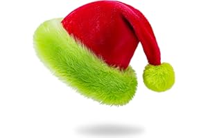 ROSAUI Green Trim Santa Hat for Adults – Red Velvet Christmas Hat with Bright Green Faux Fur, Soft Plush Holiday Cap for Xmas Parties, Fancy Dress, Photos & Festive Celebrations