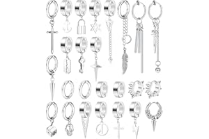 Diamday 25 Piezas Clip Pendientes para Hombres Acero Inoxidable Cruz Cadena Pendientes Negro Huggie Hoop Pendientes Non Pierced Punk Gothic Kpop Colgantes Falsos Pendientes