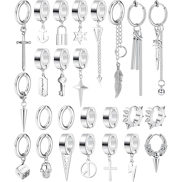 21 stuks heren oorbellen roestvrij staal creolen kruis veer hanger oorstekers voor mannen vrouwen Cool Kpop oorbellen set zilver