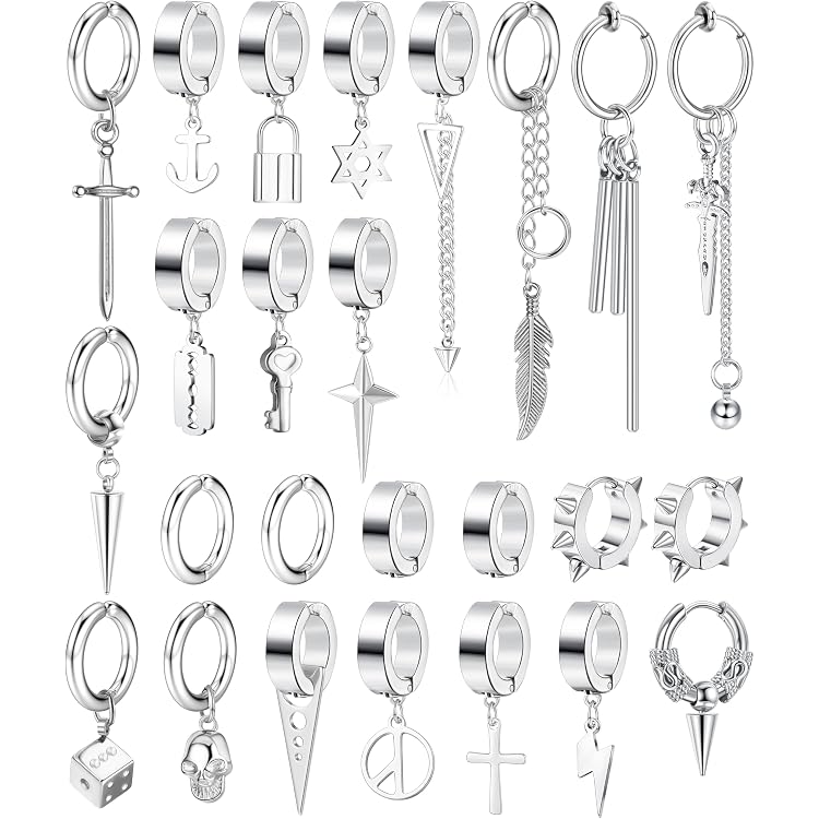 12 Paires De Boucles D'oreilles Pour Homme - Style Noir Et Argent, Piercing Cartilage, Design Unisexe Moderne - 3