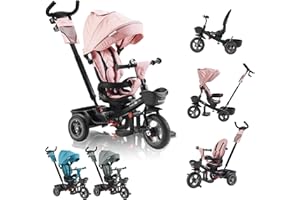 FableKids 5in1 Dreirad ab 9 Monate bis 25kg | Kinderdreirad mit Schubstange, 360° drehbarem Sitz, Verdeck mit Sonnenschutz, 3-Punkt-Gurt, PU-Reifen, Korb & Zubehör für Babys & Kleinkinder | Pink