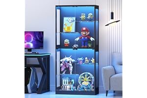 Lamtor 69" Glass Display-Cabinet with Adjustable Shelves – RGB LED Lights Curio Cabinet with Tempered Glass Doors, Magnetic Closure, for Collectibles & Living Room, Black