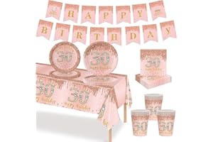 MORAINJAY 70Pcs Rose Gold 30th Birthday Tableware Set, 30th Cups Plates Napkins Paper Banner, for Men Women 30th Birthday Party Supplies(16 Guests)