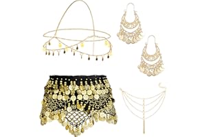 Kakonia 4 Sets Bauchtanz-Accessoires für Frauen, Bauchtanz-Hüfttuch, Wickelgürtel, böhmische Goldmünzen-Ohrringe, Kopfbedeckung, Haarkette, Quaste, Fußkettchen-Armband für Frauen