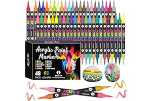 VividHues 96 Couleurs 48 Feutres Acrylique - Dual Tips Marqueur Acrylique à Pointe Pinceau, Acrylic Paint Marker Feutres Acryliques pour Peinture sur Bois, Toile, Verre, Céramique, DIY